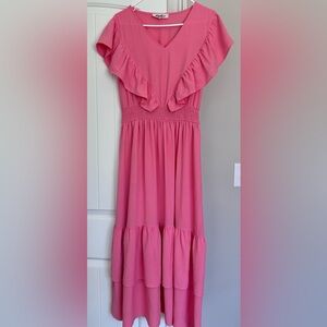 Chic Pink Ruffle Midi Dress